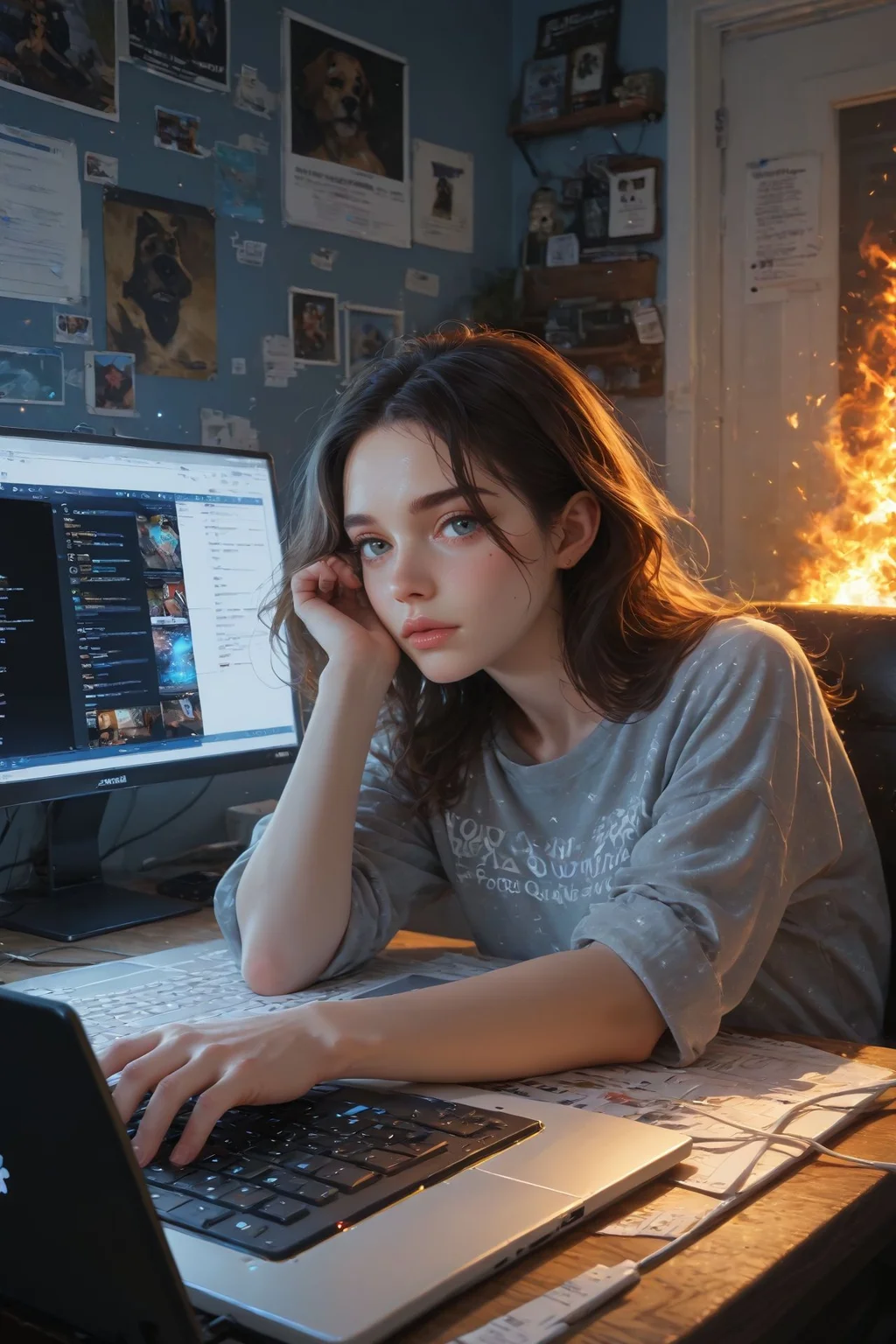 looking at viewer,detailed background,Cinematic Lighting,film grain,score_9,score_8_up,score_7_up,masterpiece,best quality,highly detailed,
<lora:(增强)sdxl_lightning_8step_lora:1>,<lora:glowneon_xl_v1:1>,glowing,<lora:Expressive_H:0.8>,Expressiveh,<lora:th3rm4lXLP:0.4>,th3rm4l,colorful,
computer,no humans,keyboard (computer),monitor,english text,dog,fire,realistic,speech bubble,animal,indoors,laptop,