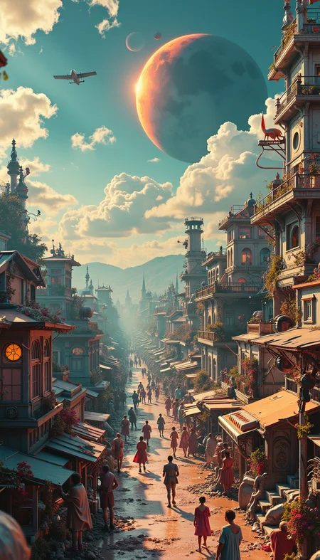 An intricate, panoramic view of a "time refugee camp" where displaced individuals from various eras coexist. Show a sprawling settlement with diverse architectural styles reflecting different historical periods and potential futures. Include scenes of cultural exchange: a Victorian lady learning about smartphones from a teenager, Roman legionnaires playing basketball with 1980s hip-hop artists, and futuristic scientists examining medieval artifacts. Depict the challenges of this temporal melting pot, such as a communal dining area serving historically accurate meals from multiple centuries. The sky should show a surreal blend of time periods: a partial eclipse, multiple moons, and anachronistic air traffic. Use a color palette that subtly shifts across the image, representing the flow of time, with each era retaining its characteristic hues.