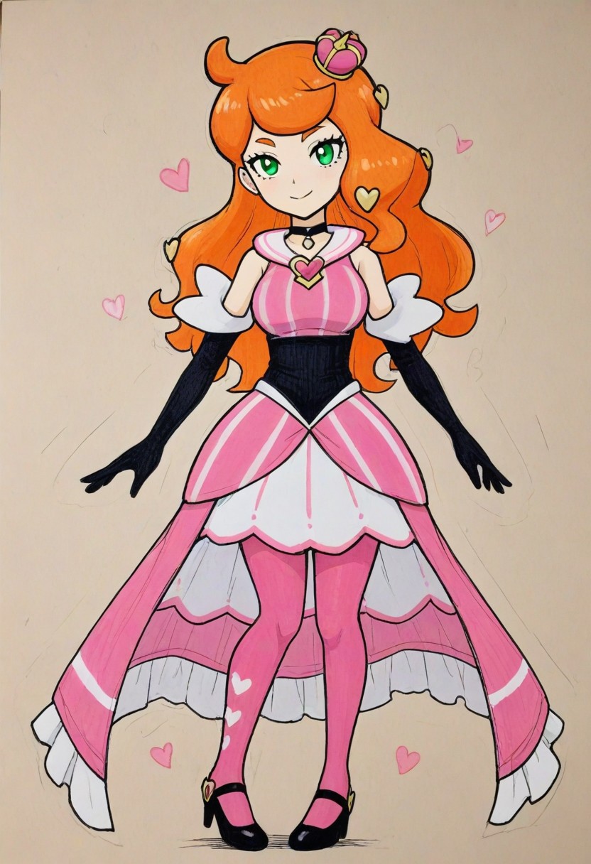 2d, masterpiece, best quality, amazing quality, 1girl, solo, full body, simple background, traditional media, sketch, detailed lines,   manga style , pencil sketch style, soft shading, soft delicate features, 
scsonia, def colors, green eyes, orange hair, long hair, heart hair ornament, pink mini crown, black choker, pink dress, long dress, sleeveless, bare shoulders, elbow gloves, knees, pink pantyhose, high heels, black footwear