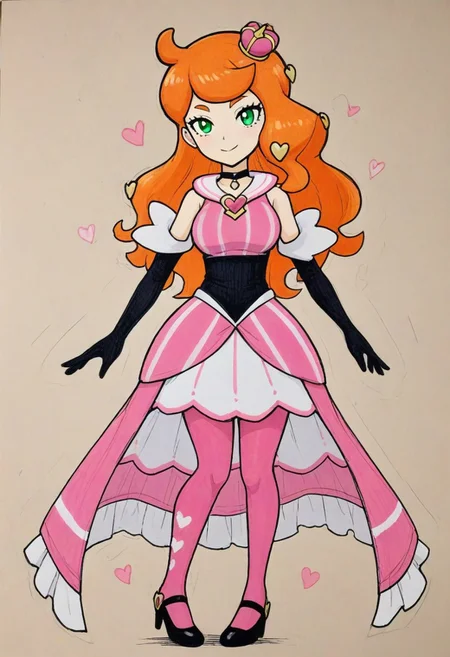 2d, masterpiece, best quality, amazing quality, 1girl, solo, full body, simple background, traditional media, sketch, detailed lines, manga style , pencil sketch style, soft shading, soft delicate features,
scsonia, def colors, green eyes, orange hair, long hair, heart hair ornament, pink mini crown, black choker, pink dress, long dress, sleeveless, bare shoulders, elbow gloves, knees, pink pantyhose, high heels, black footwear