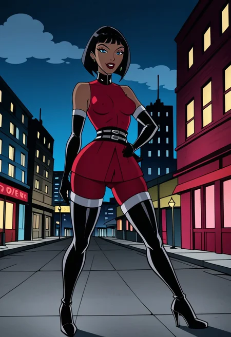 1girl, solo, Madame Rouge, DC, short black hair, blue eyes and brown skin, milf, curvy figure with fuller hips and thighs, small breasts, defined waist, red sweater, black turtleneck, double grey belt at waist, sleeveless, off shoulder, high tight pants, red pants, thigh high boots with grey lines, high heels and elbow length black gloves with grey details