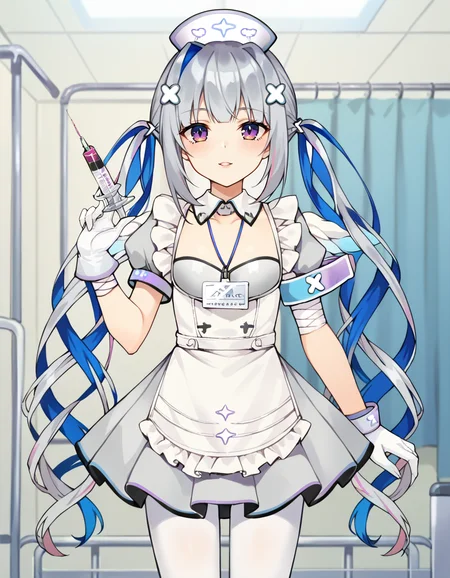 score_9, score_8_up, score_7_up, score_6_up, score_5_up, score_4_up, source_anime, anime screencap,  BREAK 1girl, solo, standing, indoors, hospital, syringe,
<lora:Amane_Kanata_Pony:1> amane_kanata, kanata_nurse, very long hair, twintails, x hair ornament, nurse cap, detached collar, id card, nurse, grey dress, puffy short sleeves, white apron, bandages, white gloves, white pantyhose, pumps