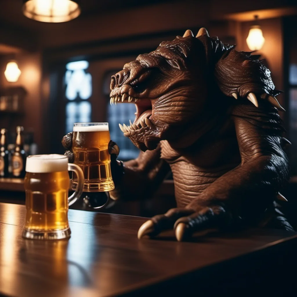 cinematic photo monster, claws, sharp teeth, having a beer in a pub  <lora:Rancor1024:0.8> . 35mm photograph, film, bokeh, professional, 4k, highly detailed