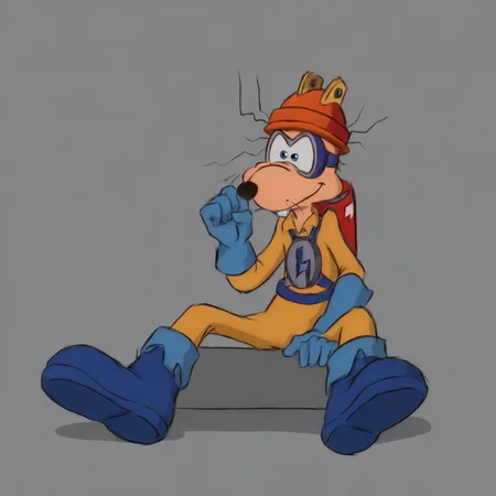 on a hill, lightning,
BREAK <lora:megavolt:1>, 1boy, orange helmet, yellow jumpsuit, blue gloves, one small eye, blue boots, red battery on back, one dilated eye, triumphant posing, getting hit by lightning