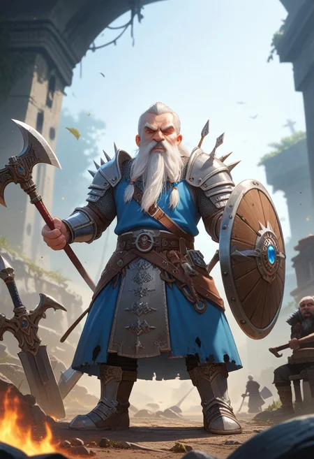 score_9, score_8_up, score_7_up, (solo:1.3), 
old male, Dwarf, mature, realistic, axe and shield, short stature, white hair, beard, moustache, big nose, angry, holding axe, berserk, highly detailed, 
source_anime,  (in the fog),  ruins, surrounded by fire , medieval,  fantasy,  
from below, Expressiveh, solo focus,  (blurry background) , masterpiece, silhouette,