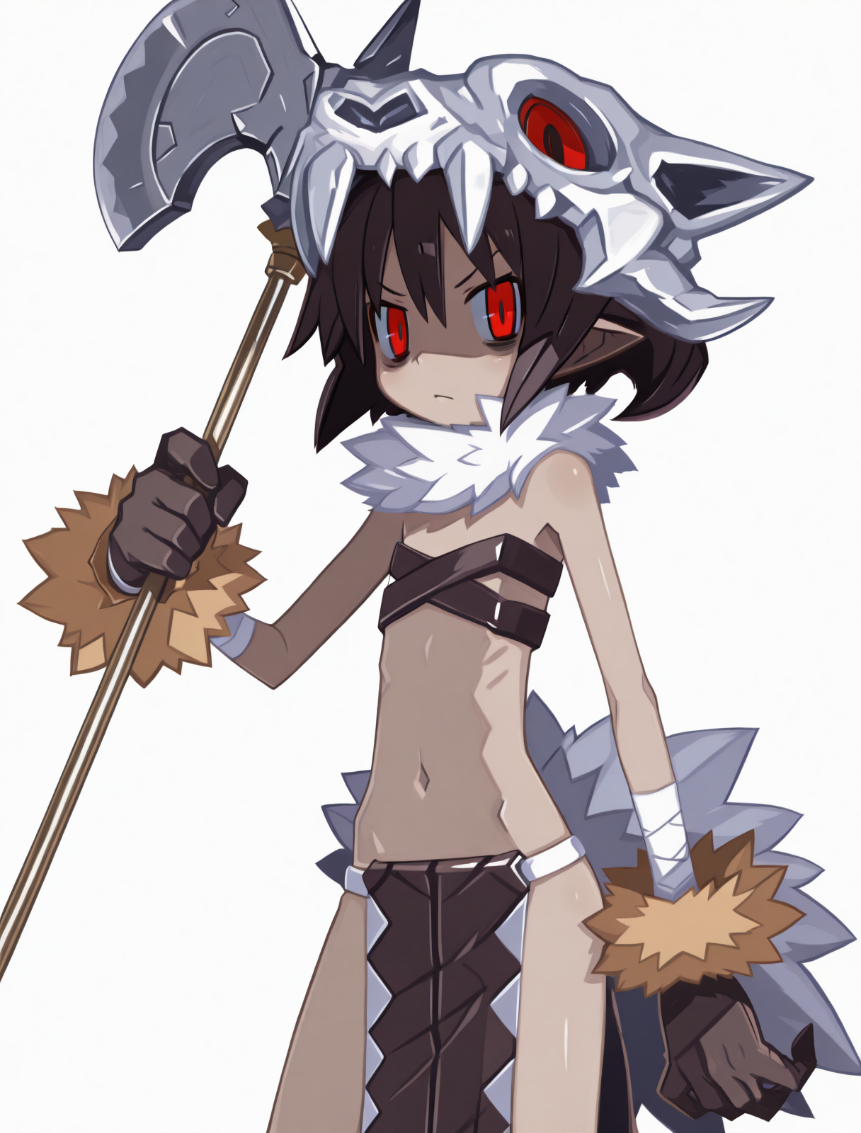 1girl, shaman \(disgaea\), harada takehito, skull, black hair, red eyes, dark skin, axe, bags under eyes, black hair, dark-skinned female, dark skin, female focus, flat chest, fur trim, gloves, glowing, glowing eyes, holding, holding axe, holding weapon, loincloth, looking at viewer, navel, pointy ears, red eyes, serious, skull hat, solo, weapon, white background, (masterpiece, best quality, newest, recent, absurdres), <lora:shaman_disgaea_illus>