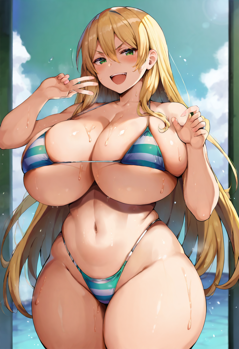 score_9, score_7_up,  1girl, 
huge breasts, wide hips, thick thighs, alternate body size, striped clothes, sweat, thighs, bikini, v-shaped eyebrows, hair between eyes, blush, open hand, micro bikini, open mouth, green eyes, long hair, upper teeth only, underboob, blonde hair, breasts, navel, teeth, smile, highleg bikini, solo, cleavage, swimsuit, highleg, cowboy shot, very long hair, striped bikini, looking at viewer
 <lora:belko-Style-PonyXL-GLoRA-000049:1>