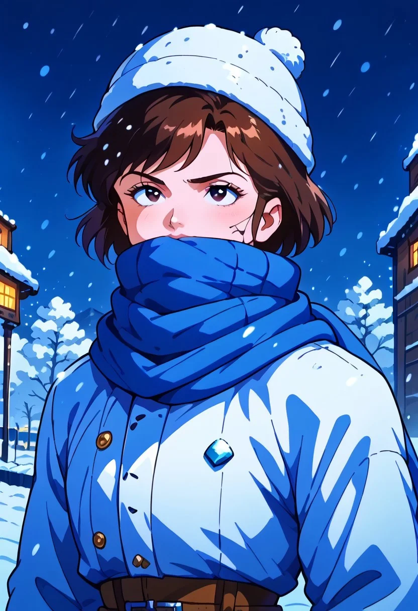 score_9, score_8_up, score_7_up, flat color, retro, (masterpiece), (ultra quality), (detailed), (detailed skin texture), dark theme, low light, night, BREAK (AtaroMoroboshiUYXL, male, black eyes, brown hair, short hair, pectorals), snowland, (snow wasteland:1.3), A boy stands at the edge of a snow-covered mountain, waist-deep in drifts. He struggles to free himself from the snowbank, his face obscured by the howling storm that whips his hair and coat. Framed against the swirling white, he's silhouetted in mid-struggle, the wind whipping his features into a fierce determination. lit by faint moonlight filtering through snow-covered stones. (blizzard:1.4), darkness, (snowfall:1.3), storm, (lips cracked:1.2), (withered lips:1.2), winter gloves, icy spurs on the rocks, icebergs, (warm winter hat and scarf), (warm scarf covered mouth:1.3), hands hold scarf, winter glasses, North Pole style