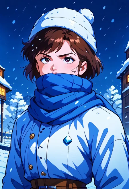 score_9, score_8_up, score_7_up, flat color, retro, (masterpiece), (ultra quality), (detailed), (detailed skin texture), dark theme, low light, night, BREAK (AtaroMoroboshiUYXL, male, black eyes, brown hair, short hair, pectorals), snowland, (snow wasteland:1.3), A boy stands at the edge of a snow-covered mountain, waist-deep in drifts. He struggles to free himself from the snowbank, his face obscured by the howling storm that whips his hair and coat. Framed against the swirling white, he's silhouetted in mid-struggle, the wind whipping his features into a fierce determination. lit by faint moonlight filtering through snow-covered stones. (blizzard:1.4), darkness, (snowfall:1.3), storm, (lips cracked:1.2), (withered lips:1.2), winter gloves, icy spurs on the rocks, icebergs, (warm winter hat and scarf), (warm scarf covered mouth:1.3), hands hold scarf, winter glasses, North Pole style
