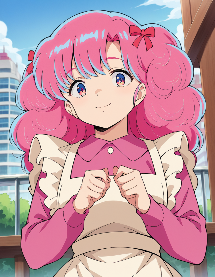 score_9, score_8_up, score_7_up, source_anime,
uruseiyatsuraran, <lora:urusei-ran-ponyxl-lora-nochekaiser:1>,
ran, long hair, bangs, pink hair, bow, hair bow, red bow, pink eyes, smile,
long sleeves, apron, white apron, shirt, pink shirt, frills, long sleeves,
outdoors, cityscape,
looking at viewer, cowboy shot, dutch angle,