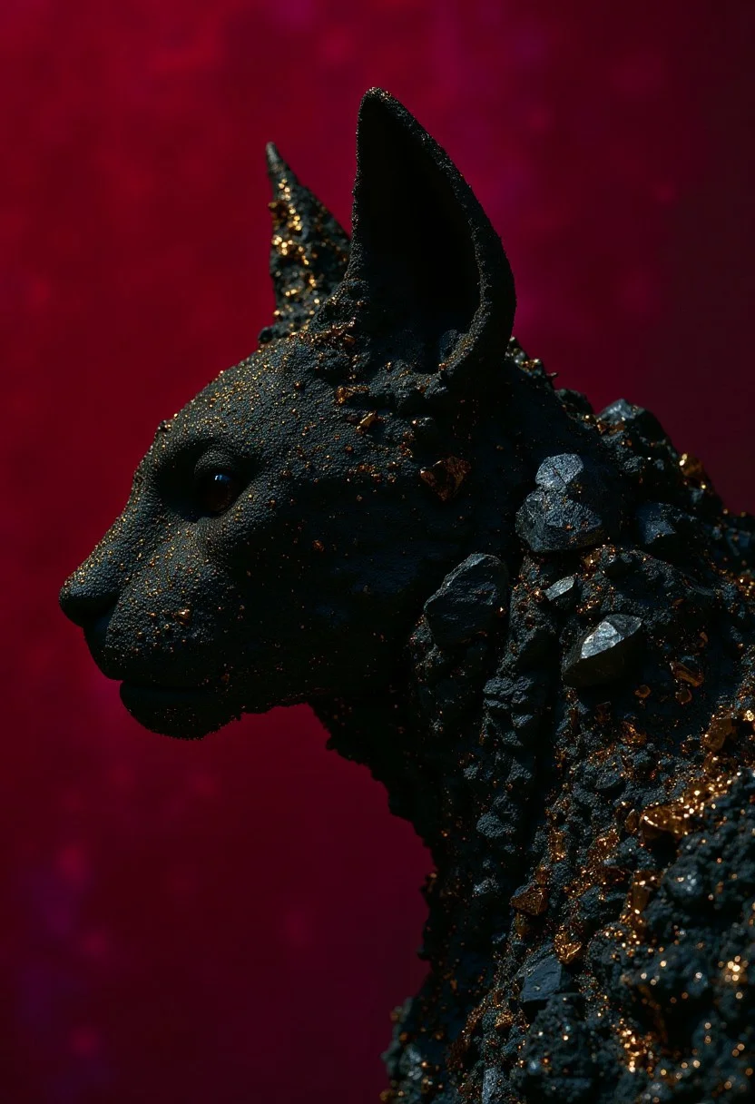 A black cat made from rough black obsidian crystals, in profile, side view, surrealism, pencils, fashion illustration, gradient bordeauxs and dark crimson background, avant-garde, vivid colors, filigrie, photorealistic rendering, mody chiaroscuro lighting