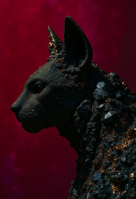 A black cat made from rough black obsidian crystals, in profile, side view, surrealism, pencils, fashion illustration, gradient bordeauxs and dark crimson background, avant-garde, vivid colors, filigrie, photorealistic rendering, mody chiaroscuro lighting
