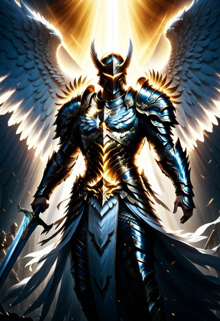 Archangel warrior, divine armor, holy sword, epic fantasy art, highly detailed, photorealistic, 8k resolution, cinematic lighting, dramatic shadows, intricate details, texture and depth, vibrant colors, epic battle scene, angel wings, heavenly glow, powerful stance, sword raised high, determined expression, epic background, fantasy landscape. Improved.