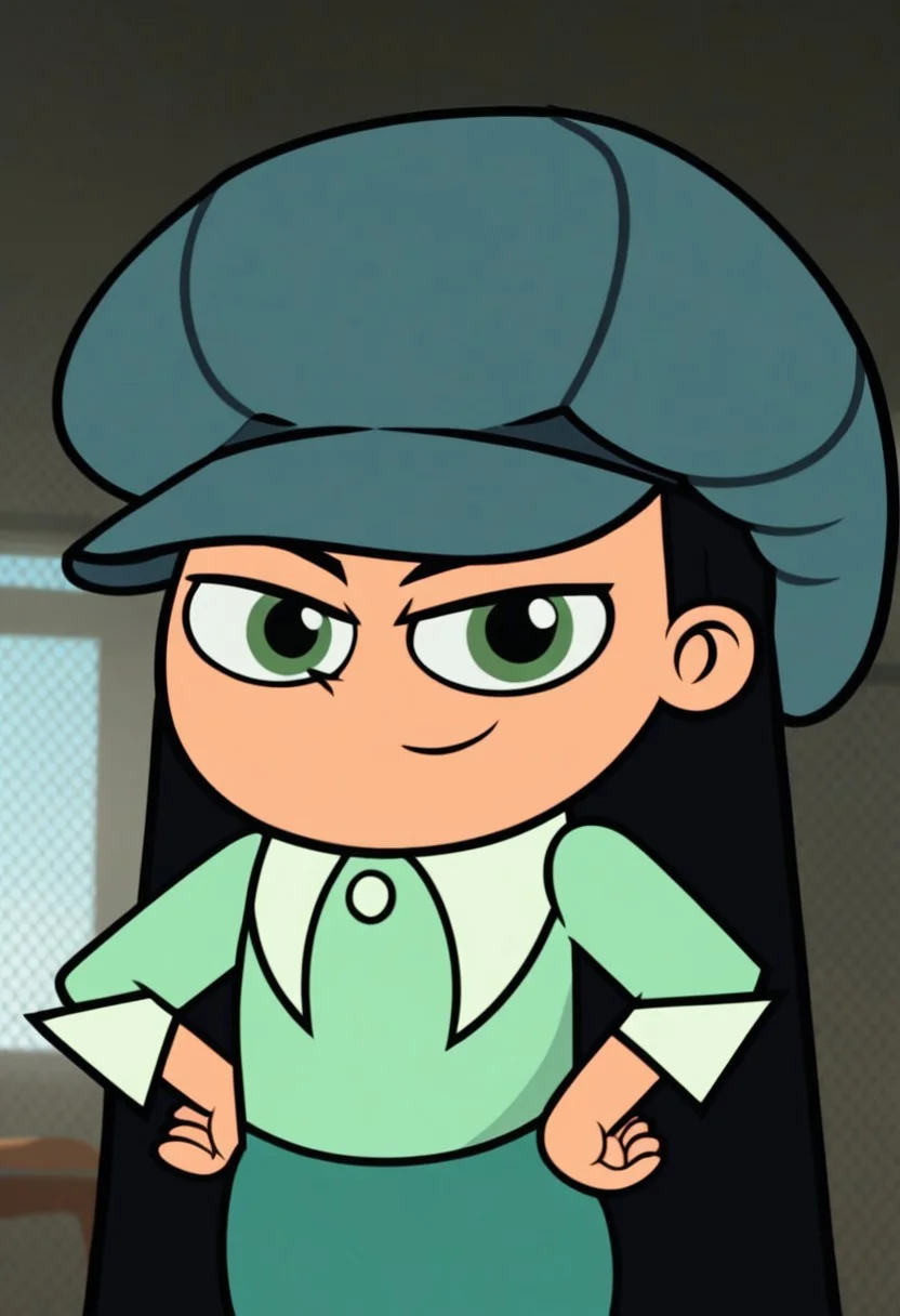 ((room background)),score_9, score_8_up, score_7_up,score_6_up,
1girl, solo, Penelope_KB, fair skin, green eyes, black hair, long straight hair, blue gray newsboy cap, pastel-green long sleeve shirt with white collar, ocean green skirt, white socks, black shoes, big eyes, cute, short stature, social smile, perfect eyes, perfect smile, looking at the viewer, detailed eyes, perfect eyes, standing (front view, bust shot) five fingers, perfect hands, hands on hips