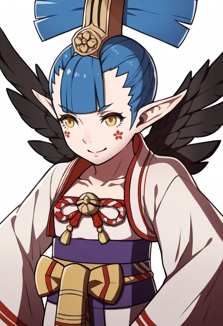 score_9, score_8_up, score_7_up, source_anime BREAK 1girl, solo,
<lora:zs_FatesPortraitsXL:1> fatesportraits, portraits, white background
<lora:zs_AmanazokoXL:1> amanazokosmtv, blue hair, hair ornament, yellow eyes, pointy ears, black wings, kimono, wide sleeves, geta, smile