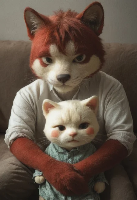 This is a low-light, candid photograph capturing a man with a hairy chest and a ginger cat resting on his lap. The man, who appears to be shirtless, is seated on a dark-colored chair or sofa. The cat is comfortably perched on his lap, with its front paws resting on his thighs. The image is taken from a slightly high angle, providing a close-up view of both the man and the cat. The background is dimly lit, with indistinct objects, possibly a cluttered shelf or a small table, barely visible in the shadows. The lighting is artificial and low, casting a warm, muted glow on the subjects. The photograph has a casual, intimate feel, with a low aesthetic quality due to the poor lighting and lack of sharpness. The composition lacks leading lines or the rule of thirds, and the image appears to be taken with a smartphone camera, evident from the slight graininess and casual framing.
poppy, marshall, white fur, red fur, pink fur, two colored fur, dress, sweater, bangs, blush, antro