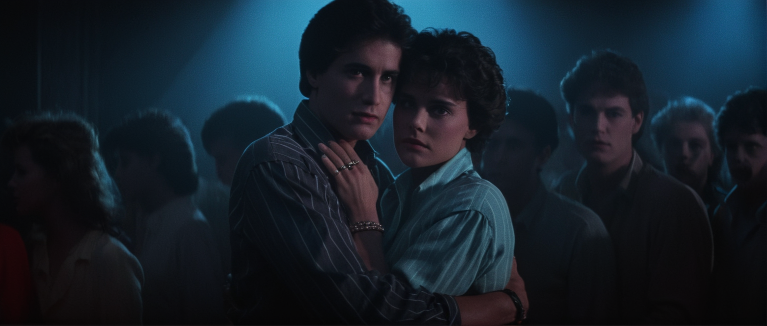 cinematic film still of  <lora:Fright Night 1985 style v2:1>
In the 1980's Jerry Dandrige and Amy Peterson a man and woman hugging in front of a crowd,shirt,black hair,long sleeves,jewelry,multiple boys,bracelet,hug,ring,blue shirt,6+boys,striped shirt,crowd,stage,stage lights,concert , horror themed, dark themed, low key light, dramatic light, dramatic shadow light, contrast, cinematic color, cinematic look, filmic, realistic, realism, perfection, perfect, Kodak, Kodak film, movie still, Fright Night 1985 style, Fright Night Film style, shallow depth of field, vignette, highly detailed, high budget, bokeh, cinemascope, moody, epic, gorgeous, film grain, grainy