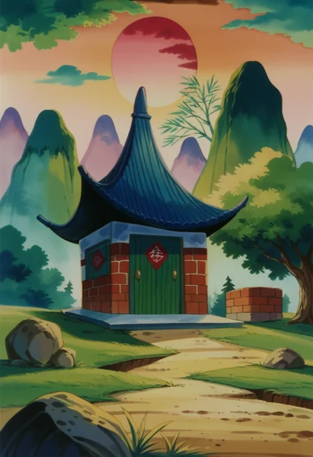 score_9,score_8_up,score_7_up,score_6_up, BREAK mount paozu, retro artstyle, grandpa house, thin mountain, well, brick, nature, sunset, green door, <lora:MountPaozuPony:1>