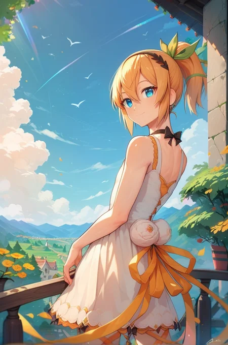 score_9, score_8_up, score_7_up, very aesthetic, source_anime, detailed, high quality, beautiful, masterpiece,
<lora:lightXL:0.8> neolight,scenery, outdoors, village, tree, mountain view, daylight,
cowboy shot, upper body, close up, from behind, looking back, dynamic angle,
flat chest, light smile, dynamic pose,
<lora:edna_v03:1>
ednadef, short hair, blonde hair, orange hair, high ponytail, blue eyes, hair between eyes, white dress, sleeveless dress, boots, leg ribbon, hairband, green hair ribbon,, zPDXL