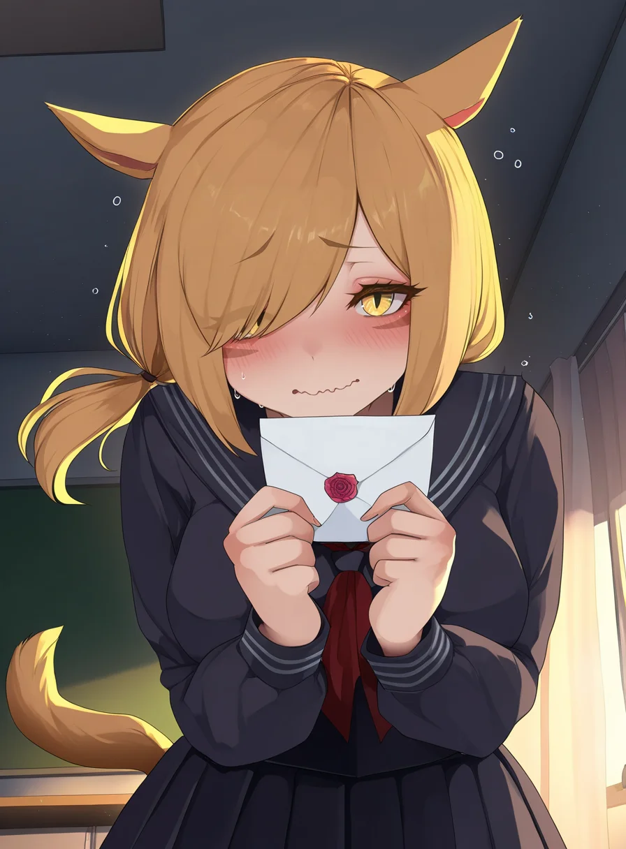 masterpiece, best quality, very aesthetic,gloss,uncensored,
BREAK
1girl, miqo'te, cat tail, cat ears, hair over one eye, yellow eyes, low ponytail, long hair, blonde hair,medium breasts, standing, upper body, school uniform, black serafuku, indoors, classroom, wavy mouth, holding letter, nervous, leaning forward, dark, floating hair, solo,looking at viewer, confession,
<lora:monobe-ill-fandingo:1>