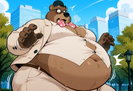 masterpiece, best quality, amazing quality, high resolution, absurdres, newest, Gr4fton,1boy, solo, bear, no humans, polka dot bowtie, furry male, white outfit, glasses, fat, city park, bowler hat, surprise, clothes bursting open, exhausted, wardrobe malfunction, shirtless, cleavage, hot sweaty, panting, moobs, big bulge, buttons popping off, belly, side angle, big butt <lora:Grafton_the_Lawyer_Alfred_J_Kwak:.8>  <lora:NOOB_vp1_detailer_by_volnovik_v1:1>