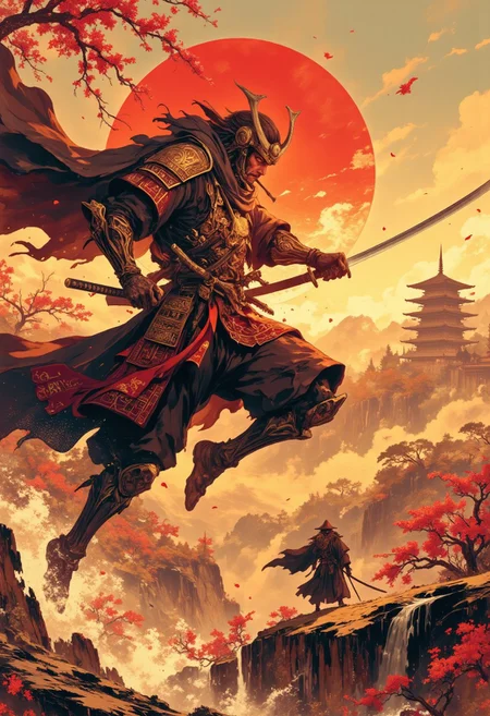 A captivating digital painting depicting a fierce samurai warrior mid-leap, suspended in an intense moment of combat against a shadowy opponent, his katana slicing through the air with fluid precision. His traditional armor, lacquered in deep crimson and gold, catches the fiery glow of the setting sun, casting elongated shadows and vibrant highlights across intricate patterns and textures. The background reveals an ancient Japanese temple atop a mist-covered mountain peak, its silhouette framed by cherry blossoms swirling gracefully in the turbulent wind. Warm amber and scarlet tones dominate the scene, creating a dramatic yet poetic atmosphere that emphasizes courage and honor amidst conflict. Dynamic pose, dramatic sunset lighting, traditional Japanese art style.
 Intricate linework with expressive contrasts, low-key lighting with cool shadows dynamic highlights. In the style of ff-td, DB4RZ, DB4RZ style painting