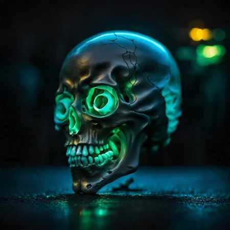 neon bioluminescent skull, dark background