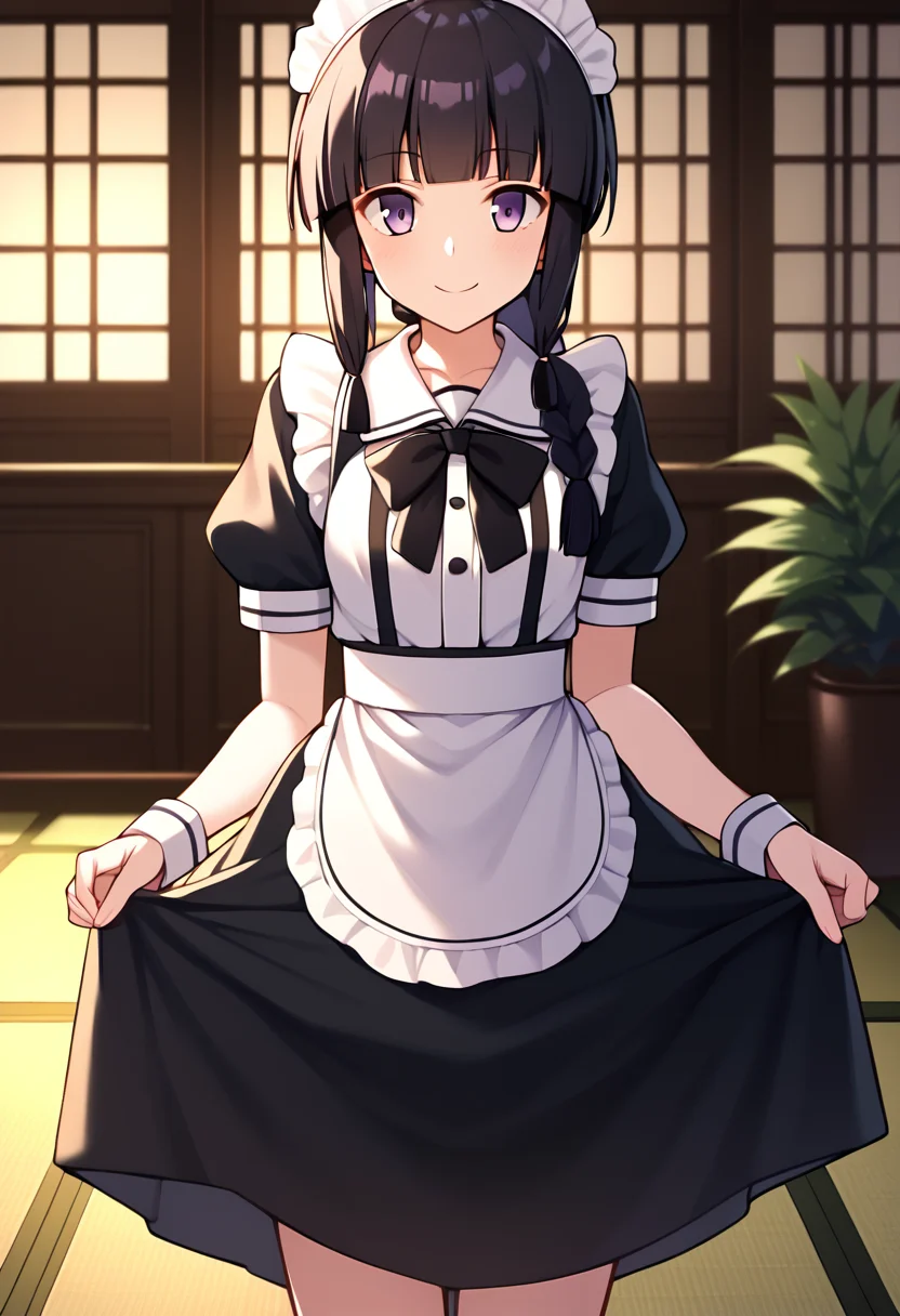 score_9, score_8_up, score_7_up, score_6_up, score_5_up, score_4_up, source_anime, 
BREAK,
solo, 1girl, standing, looking at viewer, smile, maid, indoors, 
<lora:kitakami_kancolle_ponyXL_v1:1> kitakami \(kancolle\), black hair, long hair, single braid, blunt bangs, sidelocks, purple eyes,