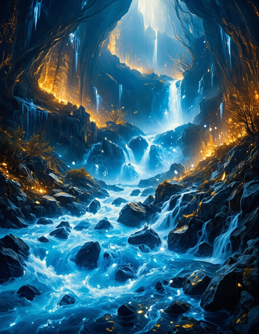 <lora:Medieval_Worlds_Scenery01bflux:1> mwl01, scenery, bokeh, trees, fantasy, rocks, shiny diamonds, photo, small river, in a cave, frozen walls, waterfall, gold, blue, marble, T1