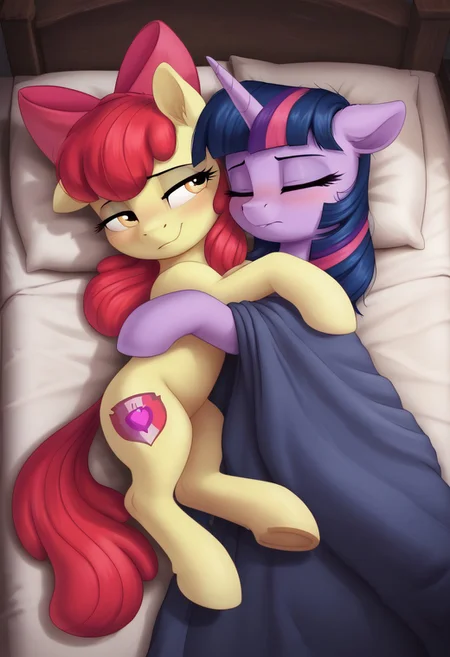 score_9, score_8_up, score_7_up, score_6_up, score_5_up, score_4_up, pony, g4, duo, twilight sparkle, apple bloom, on back, bed, hug, morning hair, closed eyes, blanket, night, sleep, scenery, blushing, cute, glare, high res, lidded eyes, detailed face, detailed face