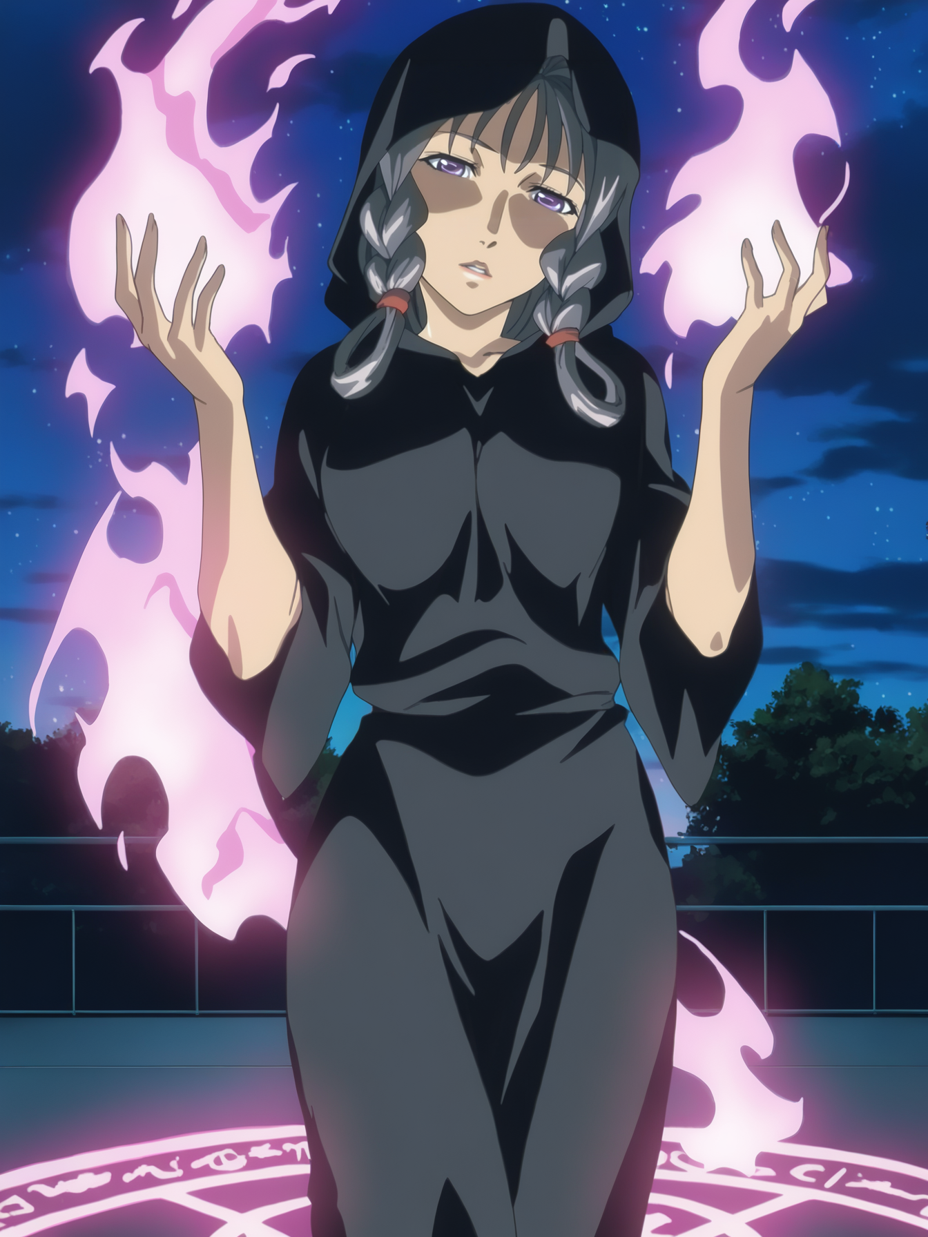masterpiece, best quality, highres, absurdres, very awa, shiny skin, game cg, anime coloring,
1girl, saki kiriya, standing, cowboy shot, hands up, casting spell, purple magic, magic circle, fire in palm, glowing,
looking at viewer, parted lips, head tilt,
long hair, braided sidelocks, hair rings, grey hair, purple eyes, lips,
black robe, hood,
outdoors, cloudy sky, sidelighting, night, starry sky, on rooftop, amazing background
 <lora:Saki Kiriya 3216 NoobAIXL Epsilon_IL:1>