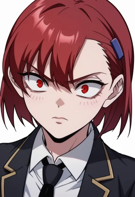 score_9, score_8_up, score_7_up, source_anime,anime screencap, anime coloring,intricate details,rating_safe, masterpiece, best quality,
(best quality, absurd res, ultra detailed),1girl, ((solo)), good eyes,perfect eyes,,detailed eyes, zPDXLxxx , zPDXL3,detailed, detailed face, <lora:add-detail-xl:3>,
BREAK
<lora:Chloe:0.8>, Chloe, 1girl, red eyes, red hair, 
short hair, hair ornament, hairclip,
school uniform, black jacket, white shirt, necktie,
BREAK
solo, upper body,, 
angry,anger vein, constricted pupils,,