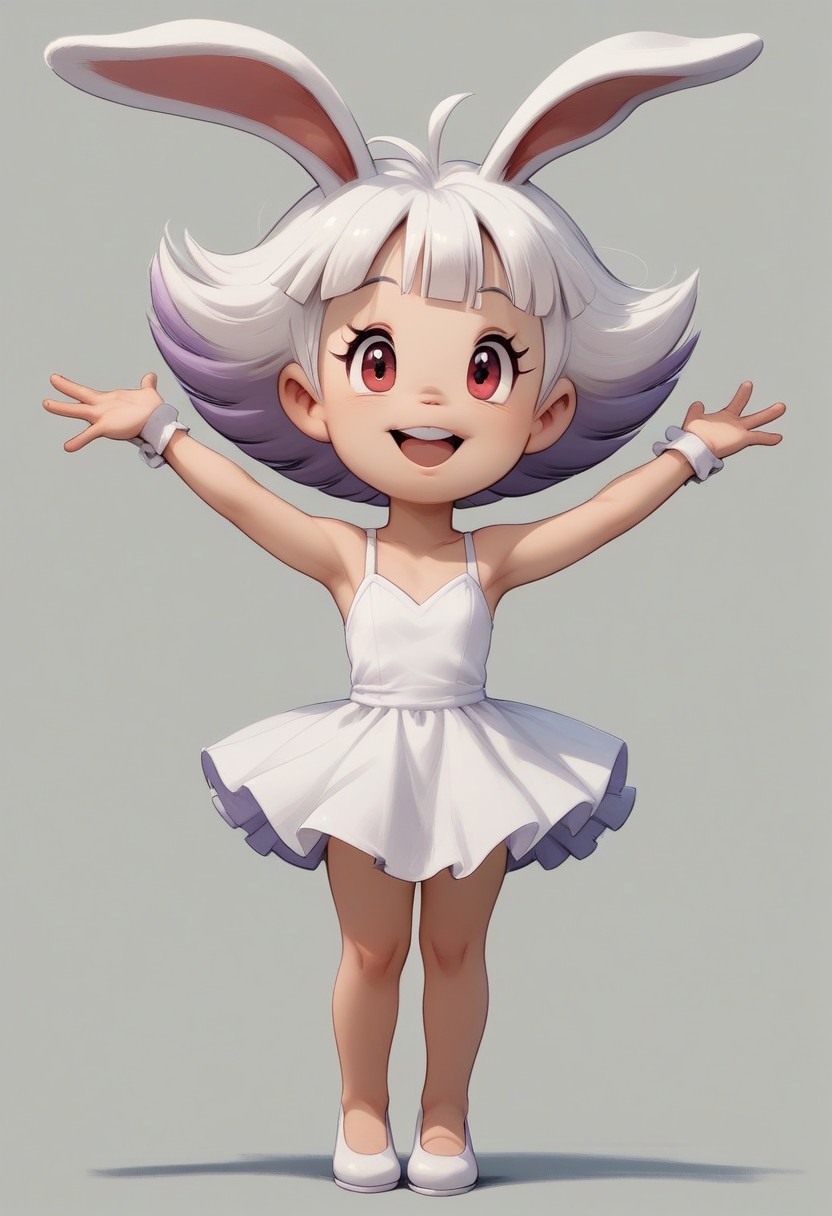 CuteCartoonStyle, extended arms score_9, score_8_up, score_7_up, 1girl, solo, fair skin,  Short hair, Multicolored White hair, purple tips, hair flaps, Red eyes, Thin, Almost flat chest , white Bunny ears. full body, cute singing, happy, smile