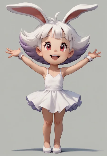 CuteCartoonStyle, extended arms score_9, score_8_up, score_7_up, 1girl, solo, fair skin, Short hair, Multicolored White hair, purple tips, hair flaps, Red eyes, Thin, Almost flat chest , white Bunny ears. full body, cute singing, happy, smile