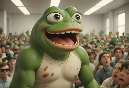 cinematic, sense of scale, 1 large stoned pepe_frog+chonkasaurus,, (10chonkasaurus+pepe_frog crowd), white room, <lora:chonkasaurus-000003:1>