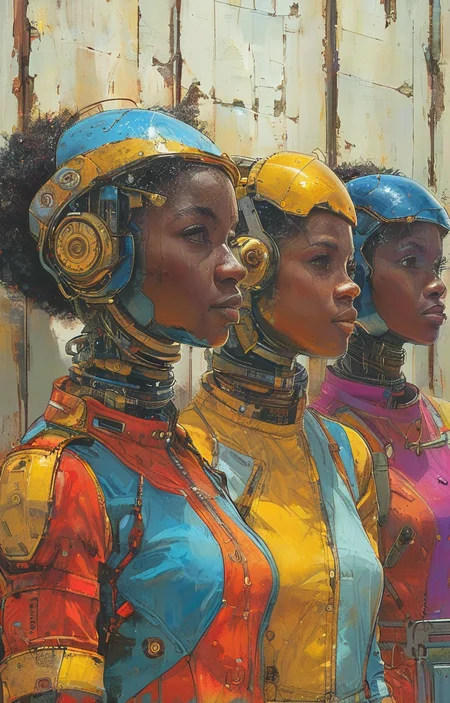 masterpiece,best quality,<lora:tbh324-sdxl:0.9>,illustration,style of Afrofuturism, portrait of Housework robots