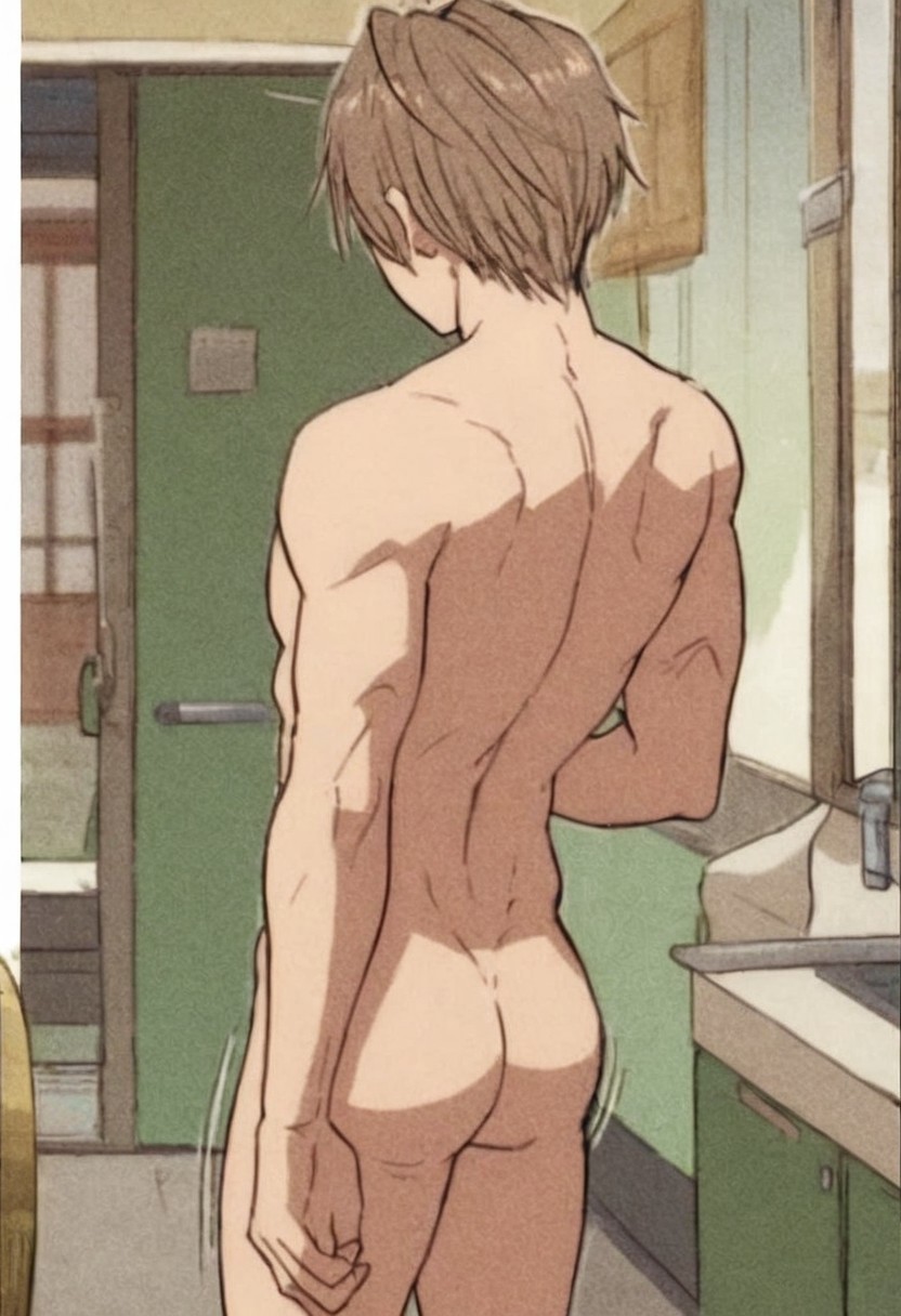 score_9, score_8_up, score_7_up, anime_source, official artstyle, anime screencap, highly detailed, 1boy, perfect composition, good shading, motion lines, movement lines, male focus, 1boy, solo, male focus, completely naked, bare upper body, barechested male, bare lower body, bare legs, thick abs, indoors, caravan, vehicle, ozaki guy, brown hair, short hair, male focus, solo, standing, flaccid penis, foreskin, backside view, defined back muscles, ((butt focus))