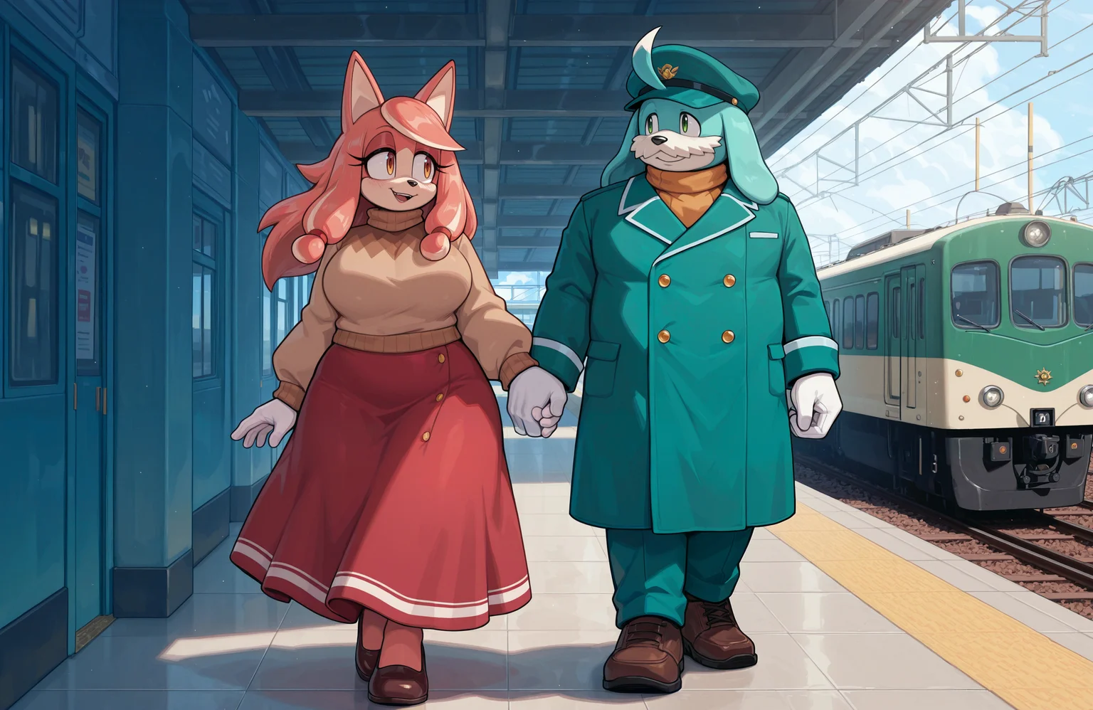 <lora:Conductors_Wife_Sonic:1> (cndctr's_wf, 1girl, furry female, mature female, brown sweater, red long skirt, buttoned skirt, brown shoes), (conductor \(sonic\), train conductor, 1boy, furry male, mature male, green hat, green coat, green pants, black shoes), (husband and wife, holding hands, train station platform, detailed background, digital media \(artwork\)), highres, high quality, masterpiece, absurdres, newest, perfect quality, best quality, absolutely eye-catching