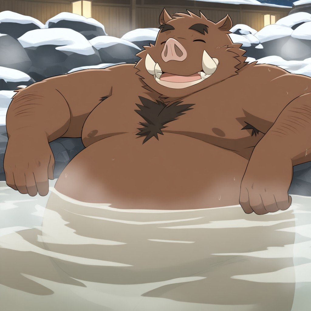masterpiece, detailed background, best quality, absurd res, high detail, aesthetic, smooth drawing, nice tusks,
WildBoarOC, anthro male, wild boar, suine, brown fur, chest hair, hairy arms, white background, relaxed,  fat, overweight,  open mouth, relaxing in onsen, head up,
Outdoors, onsen, paper lattern, dim lights,