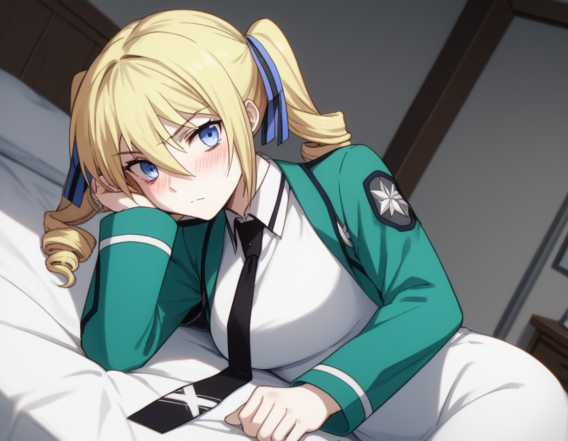 score_9, score_8_up, score_7_up, source_anime,
angelinakudoushields, <lora:angelina-kudou-shields-s2-ponyxl-lora-nochekaiser:1>,
angelina kudou shields, blue eyes, blonde hair, ribbon, hair between eyes, twintails, hair ribbon, drill hair, blue ribbon, twin drills,
long sleeves, dress, school uniform, pantyhose, necktie, white dress, black necktie,
indoors, bed, bed room, on side, blush, drunk,
solo, dutch angle, looking at viewer, cowboy shot,