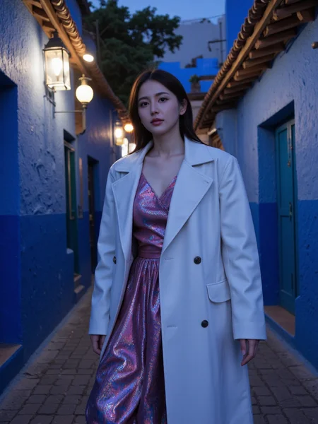 There are wonderful studio lights and various reflections,
18yo beautiful cute girl with blushing and female orgasm.skin naturally showing the texture of blood vessels and detailed pale skin,
--,
<lora:Masami_Nagasawa_f1:0.9>,she is Masami Nagasawa, In the narrow, blue-painted streets of Chefchaouen, Morocco, a girl with an ethereal beauty and expressive eyes stands out. She wears a flowing, reflective evening gown in a vibrant hue, the fabric catching the soft glow of lanterns. Over the dress, she wears a structured, white leather trench coat, adding a touch of sophistication. The scene is set at dusk, with the sky transitioning from day to night, and the first stars beginning to appear. The image is captured in a realistic style, emphasizing the texture of her dress and the enchanting atmosphere of the blue city.