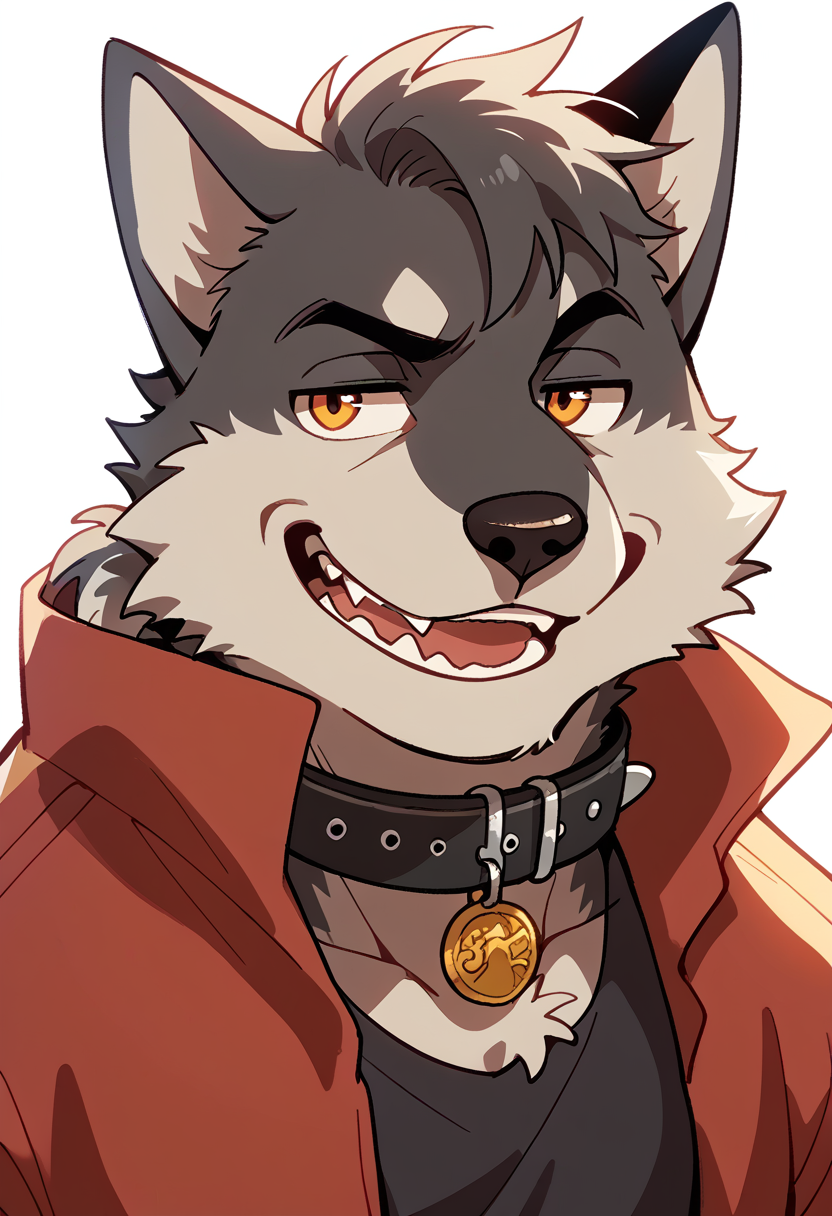 score_9, score_8_up, score_7_up, high quality, hires, by fruitz, furry, wolf, 1boy, solo, collar, smug, <lora:Fruitz_style:1.2>