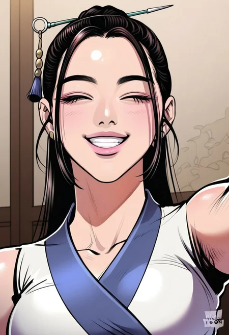 detailed face, detailed eyes, high resolution, intricate design, sharp edges, smooth, high detailed, god level, good proportions, detailed fingers, ( best quality, ultra-detailed), (anime style, manhwa style:1.2)
...
(Tang hwaryeon, 1girl, brown eyes, long hair, black hair, hair ornament, topknot, mini martial arts clothes, huge thighs)
...
looking at viewer, standing, front view, close up, selfie, smile, teeth, closed eyes, thighs up
...
score_10, score_9, score_8, 1girl, solo, alone, cinematic, sketch 
...
indoors
