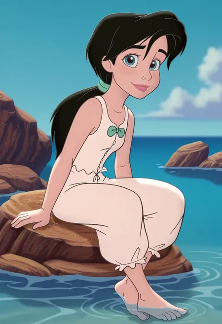 (screencap, official style:1.2), 1girl, small breasts, (MelodyXL:1.1), black hair, blue eyes, ponytail, makeup, sleeveless, shirt, pants, white pajamas, barefoot, feet, light smile, sitting on water, rocks, wet, cute pose, looking at viewer, outdoors, sea, dynamic pose, cowboy shot, day, <lora:Melody_character-12:1>
