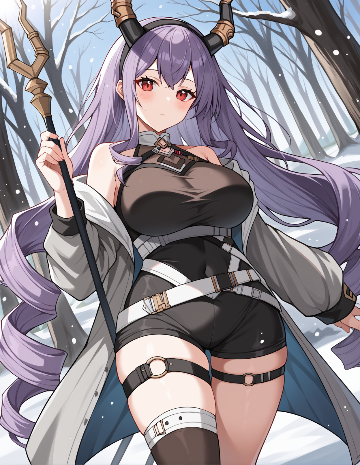 score_9, score_8_up, score_7_up, source_anime, rating_safe, BREAK <lora:arkTyphonXL_LoRA-C3Lier_AdamW_Dim16_Alpha16_UN-3e-4_TE-1.5e-4_10batch_ponyDiffusionV6XL_v6StartWithThisOne:1>, typhon \(arknights\), 1girl, long hair, very long hair, purple hair, sidelocks, drill hair, ltwin drills, arge breasts, red eyes, black hairband, horns, open coat, grey coat, open clothes, long sleeves, sleeveless shirt, black shirt, clothing cutout, bare shoulders, belt, buckle, covered navel, black leotard, black shorts, thigh strap, thigh belt, asymmetrical legwear, single thighhigh, black thighhighs,  dutch angle, expressionless, blush, holding weapon, holding polearm, spear, floating hair, floating, looking at viewer, facing viewer, light particles, light rays, aura, wind, glowing butterfly, snow, snowing, forest, mountainous horizon