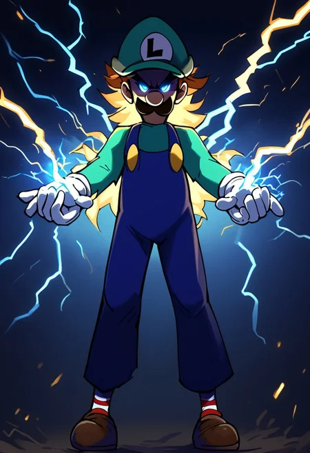 score_9, score_8_up, score_7_up
, masterpiece, beautiful,,electric powers, electricity bend, dynamic pose, dramatic lighting, itluigi, angry, bend knees,cartoon-style, green hat, green long-sleeved shirt, blue overalls, moustache, round nose, brown shoes, white gloves, yellow buttons, brown hair, slim, striped socks, red and white socks, l emblem on hat, looking at viewer, blue eyes, twinkling particles, stardust, eye_trail, glowing eyes,lightning thunder trails, lthndrtrl, lot of lightning coursing along body, electric yellow glow, large sparks of electricity, masterpiece, best quality, very aesthetic, made of golden and blue and red and yellow and purple lightning thunder trails , lthndrtrl, high score, great score, absurdres, shaded face,shaded face, (black face:1.2)glowing eyes