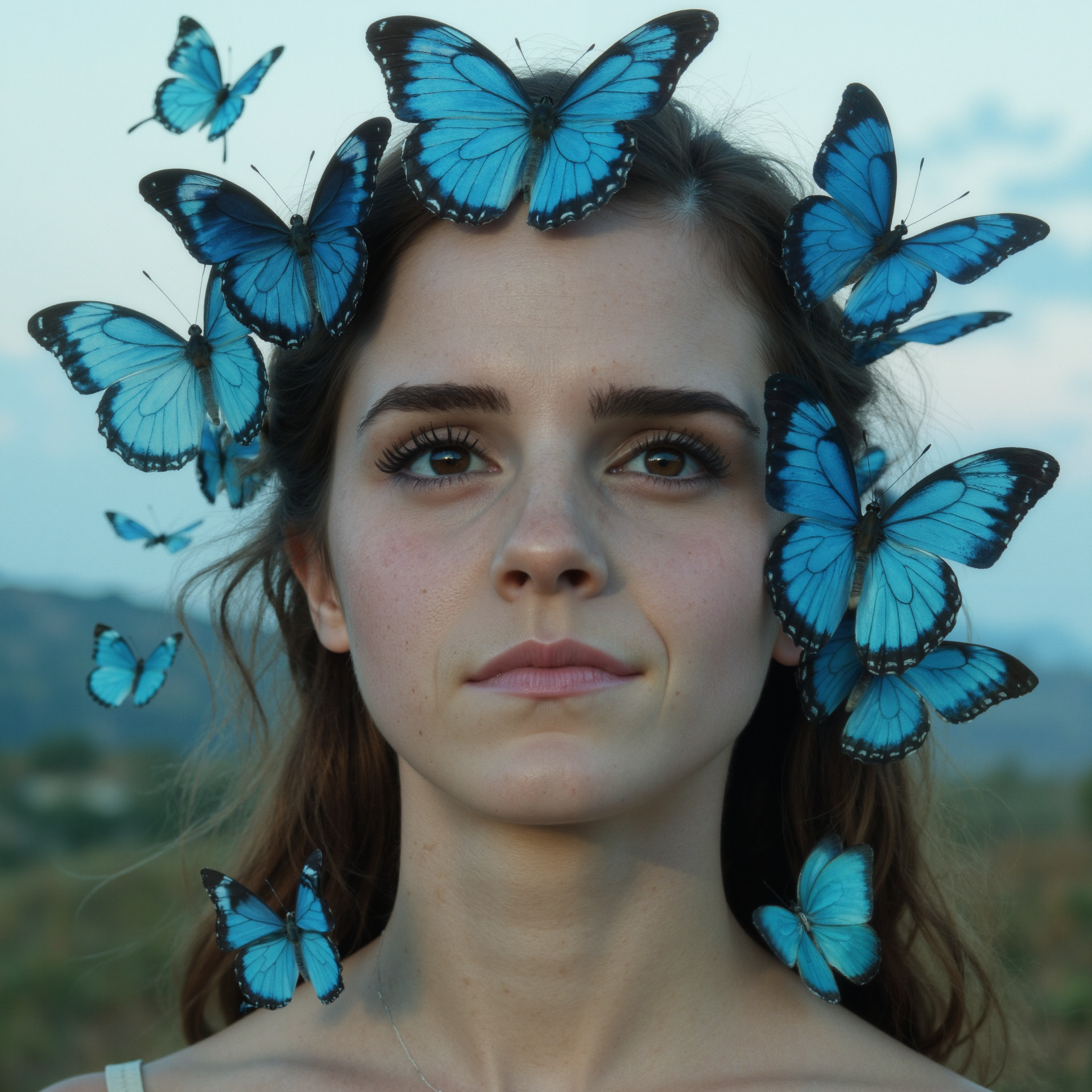 close-up portrait photograph of a young woman. She has soft, delicate features with full lips and eyes that sparkle with curiosity and intelligence. Her hair is long, falling around her shoulders and back. Surrounding her is a swarm of cerulean blue butterflies, each with intricate patterns and details on their wings. The butterflies are of various sizes, from small and delicate to large and bold, and they flutter around her face and hair, creating a whimsical and enchanting atmosphere. The background is a soft, dreamy landscape with rolling hills and a pastel sky. The overall mood is serene and ethereal, capturing the beauty and magic of nature and her connection to it. The style is realistic, with a focus on fine details and textures, creating a stunning and captivating work of artThe image was shot on Kodak Portra 400 film with a Canon SLR.