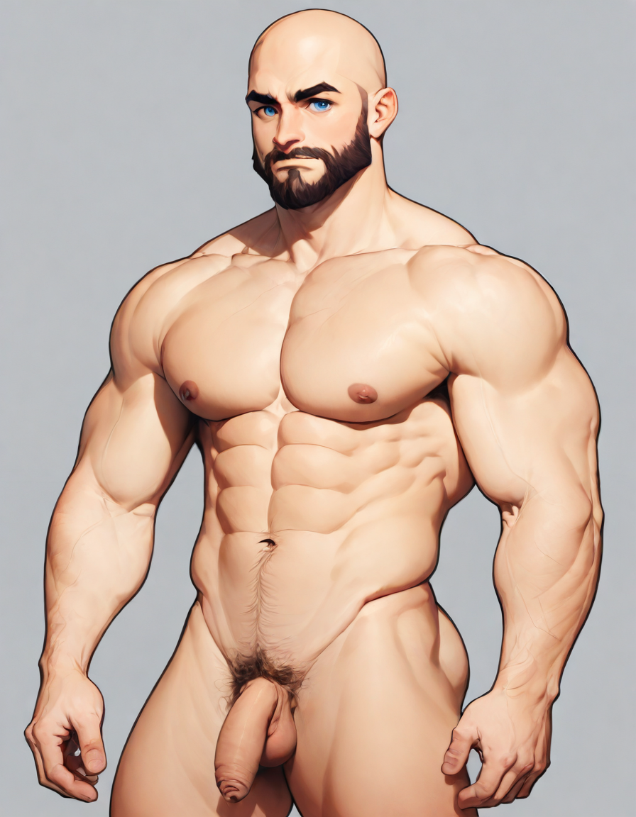 illMaleupBody, solo, looking at viewer, short hair, blue eyes, navel, nipples, male focus, thighs, nude, cowboy shot, penis, stomach, pubic hair, completely nude, uncensored, muscular, facial hair, thick thighs, abs, testicles, pectorals, muscular male, male pubic hair, bara, beard, large pectorals, veins, mature male, bald, foreskin, flaccid, 1boy
<lora:ILLå¡é2Dç·å­ä¸èº«illMaleupBody:0.8>,