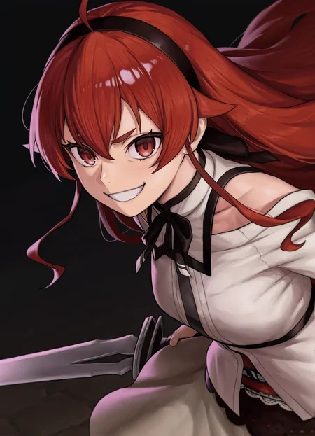 very awa,  <lora:ker_ill:1.0>,  1girl, eris greyrat, mushoku tensei, holding sword, grin,  masterpiece, [best quality:0.15], newest, absurdres, very aesthetic, best quality, year 2024, newest,
