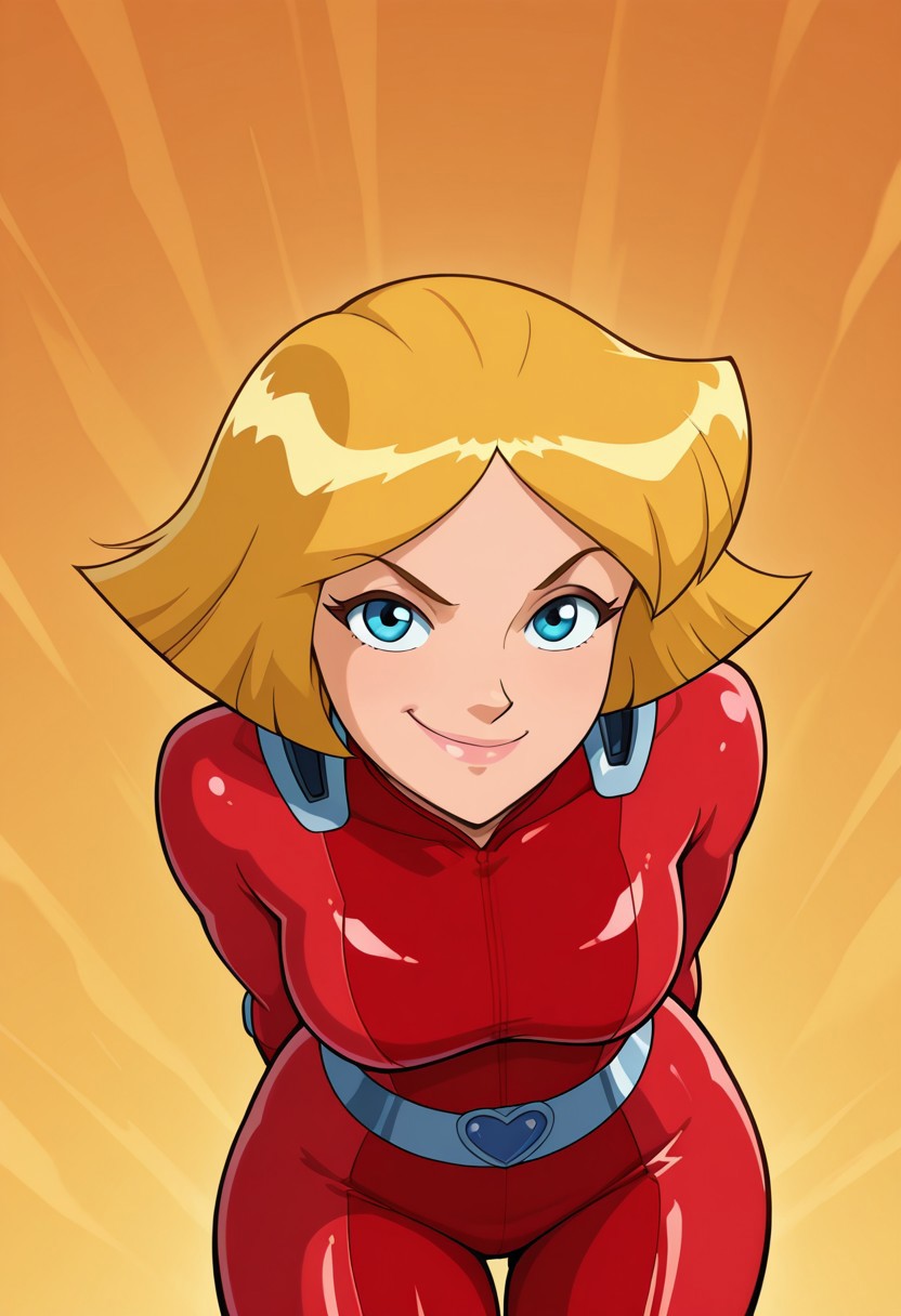 masterpiece, best quality, good quality, 1girl, solo, cartoon, parody, official style, cl0ver_totally_spies, short hair, blonde hair, blue eyes, red bodysuit, sexy, fit, medium breasts, wide hips, thick thighs, bottom heavy, beautiful, detailed, high detailed, very beautiful, detailed face, detailed eyes, detailed hand, abstract background, smile, smirk, posing, pose, hands behind back, leaning forward, looking at viewer, face focus, closeup